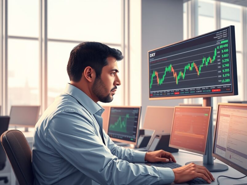 Financial analyst monitors the US Dollar Index chart amid news of potential US-Iran diplomatic negotiations.