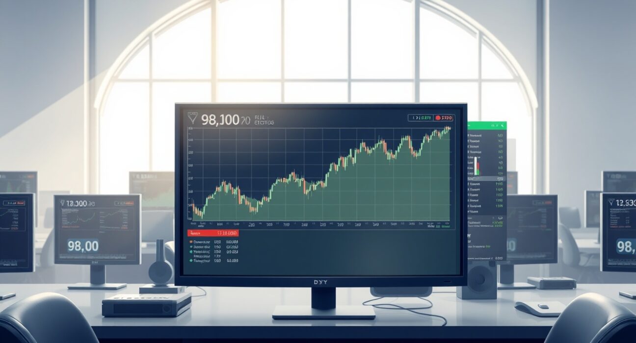 US Dollar Index chart analysis on a professional trading desk monitor.