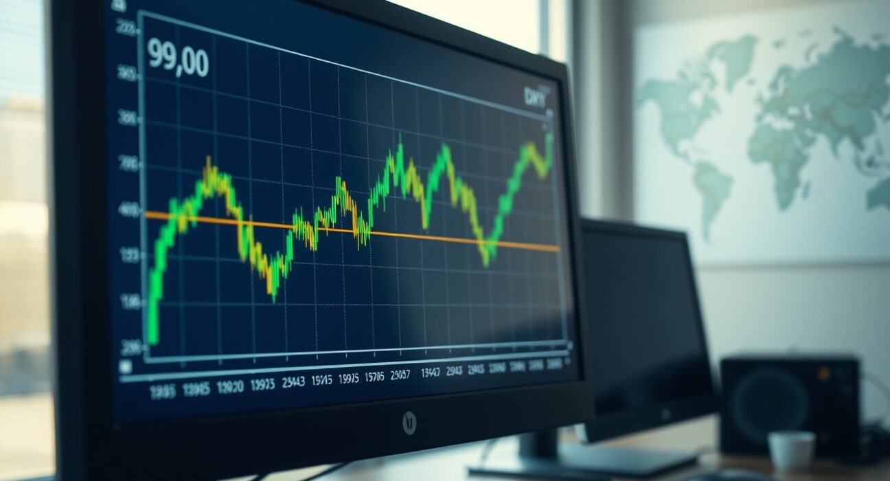 US Dollar Index chart holding above 99.00 on a trading monitor amid geopolitical uncertainty.