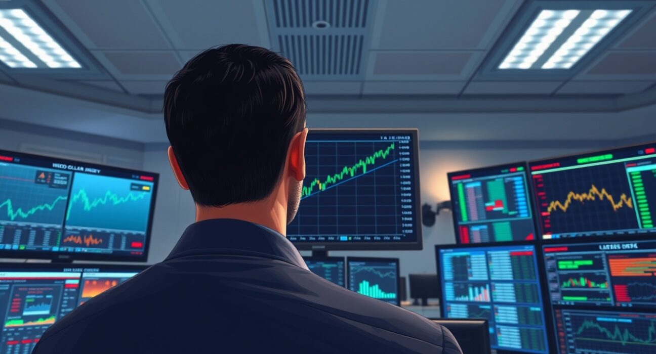 Trader monitoring US Dollar Index chart amid geopolitical tension indicators and Federal Reserve policy analysis