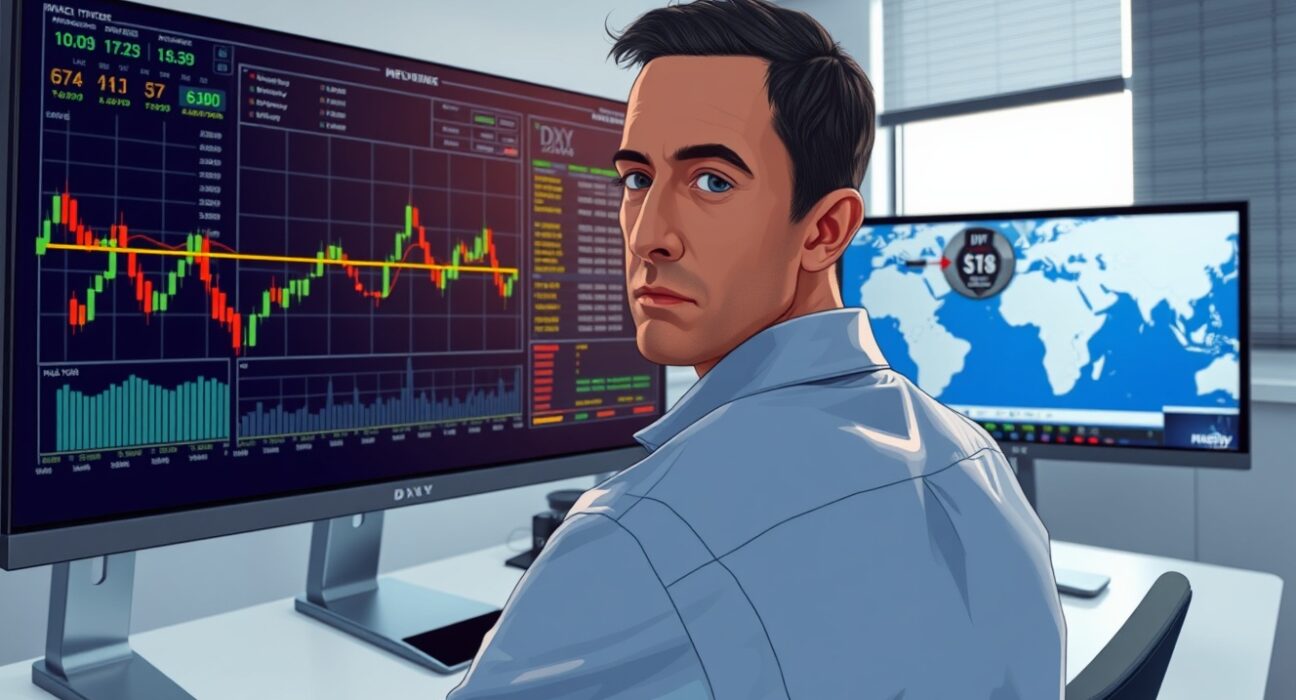 Trader analyzing the US Dollar Index chart ahead of key jobs data and Iran conflict news.