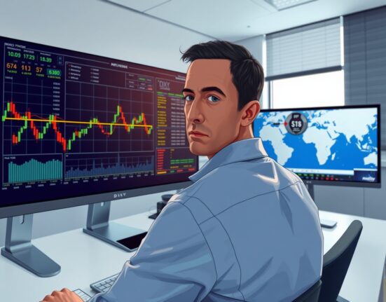 Trader analyzing the US Dollar Index chart ahead of key jobs data and Iran conflict news.