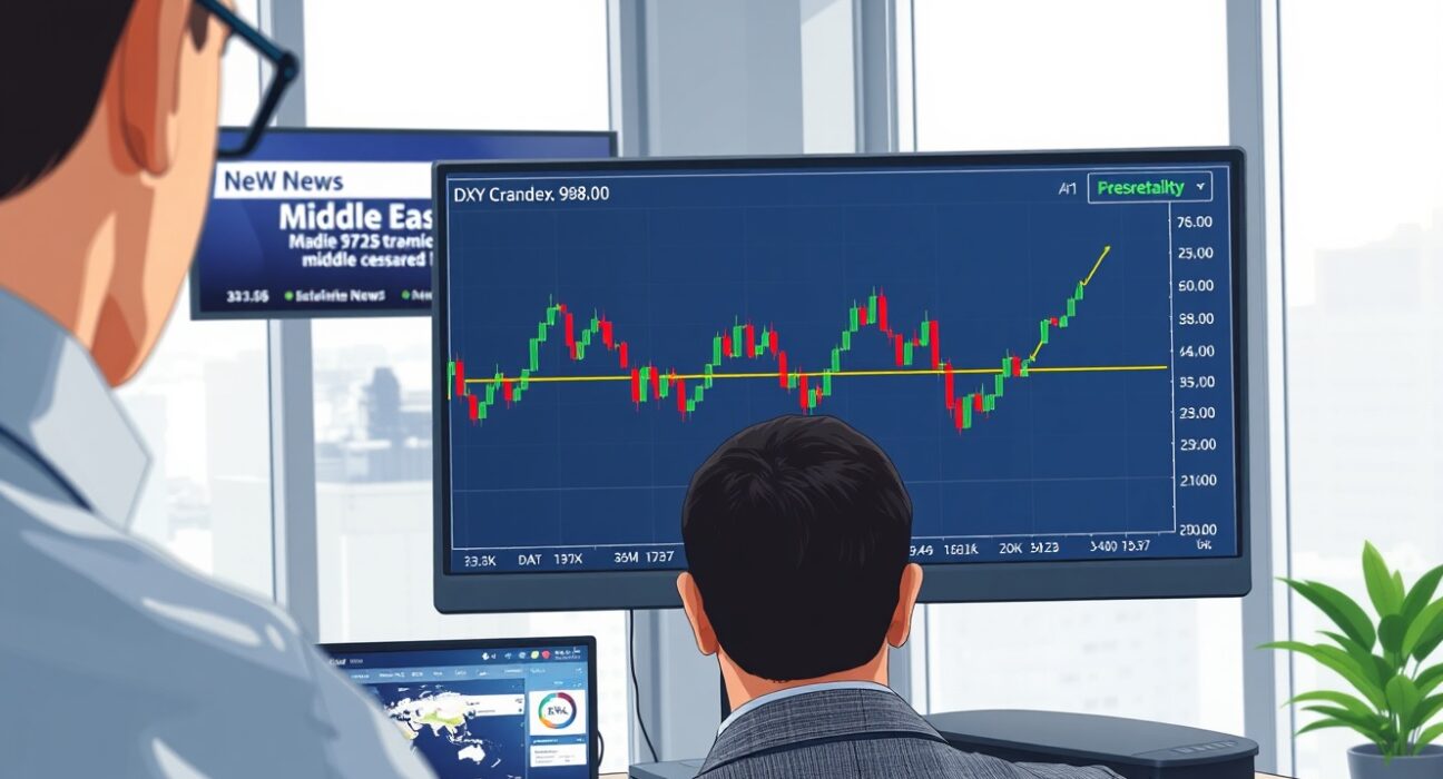 US Dollar Index chart analysis during fragile Middle East ceasefire negotiations impacting forex markets.
