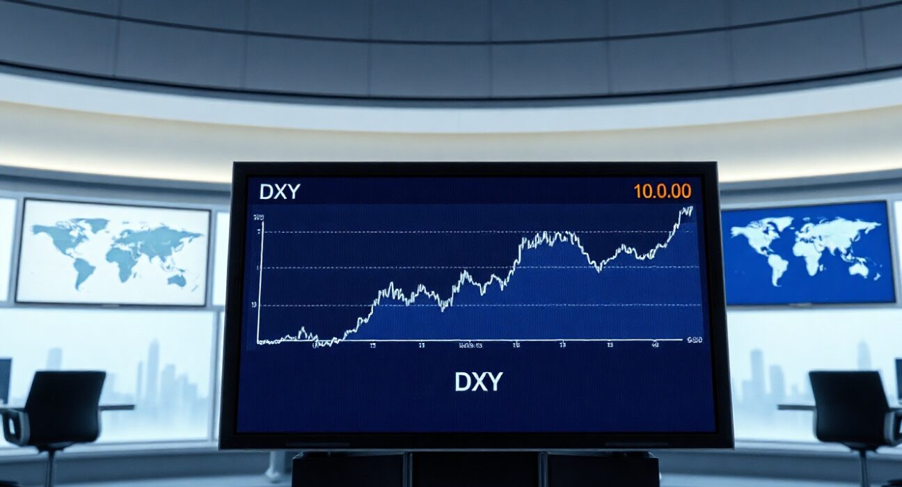 Electronic trading board showing US Dollar Index near 100.00 level in a news studio
