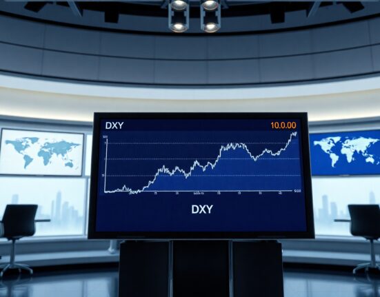 Electronic trading board showing US Dollar Index near 100.00 level in a news studio