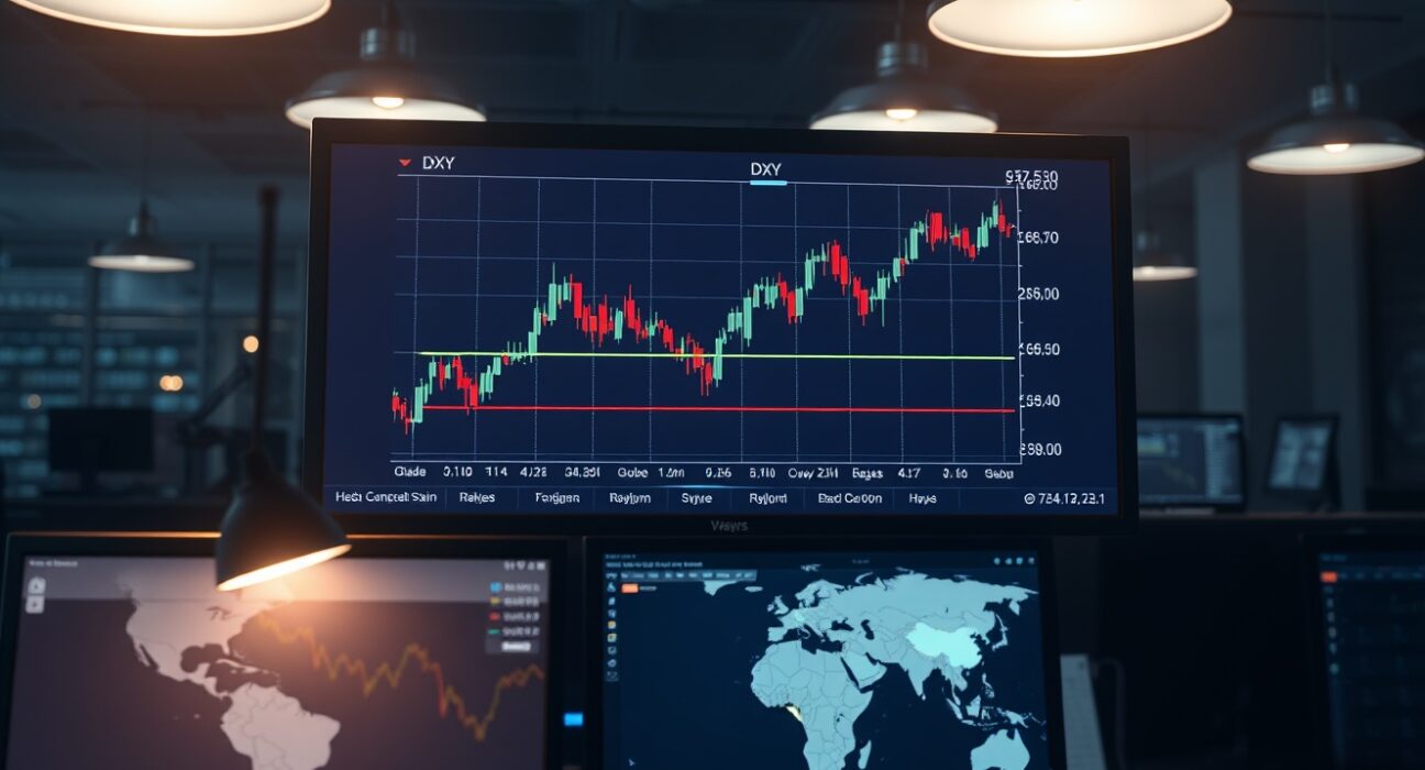US Dollar Index chart at 98.50 on a trading desk monitor with news of Middle East tensions in the background.