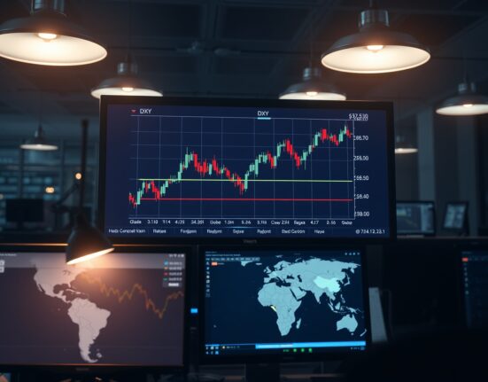 US Dollar Index chart at 98.50 on a trading desk monitor with news of Middle East tensions in the background.