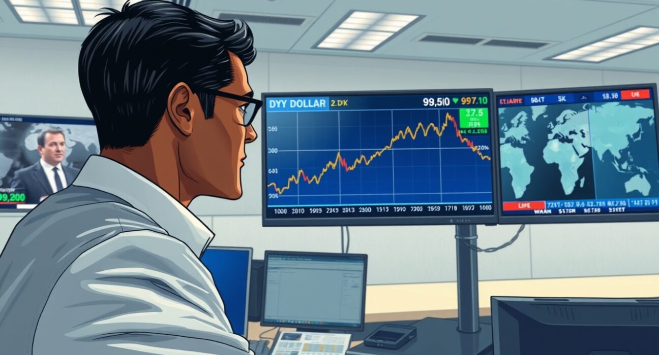 Financial analyst monitors US Dollar Index chart holding above 98.50 amid Middle East geopolitical uncertainty.