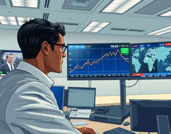 Financial analyst monitors US Dollar Index chart holding above 98.50 amid Middle East geopolitical uncertainty.