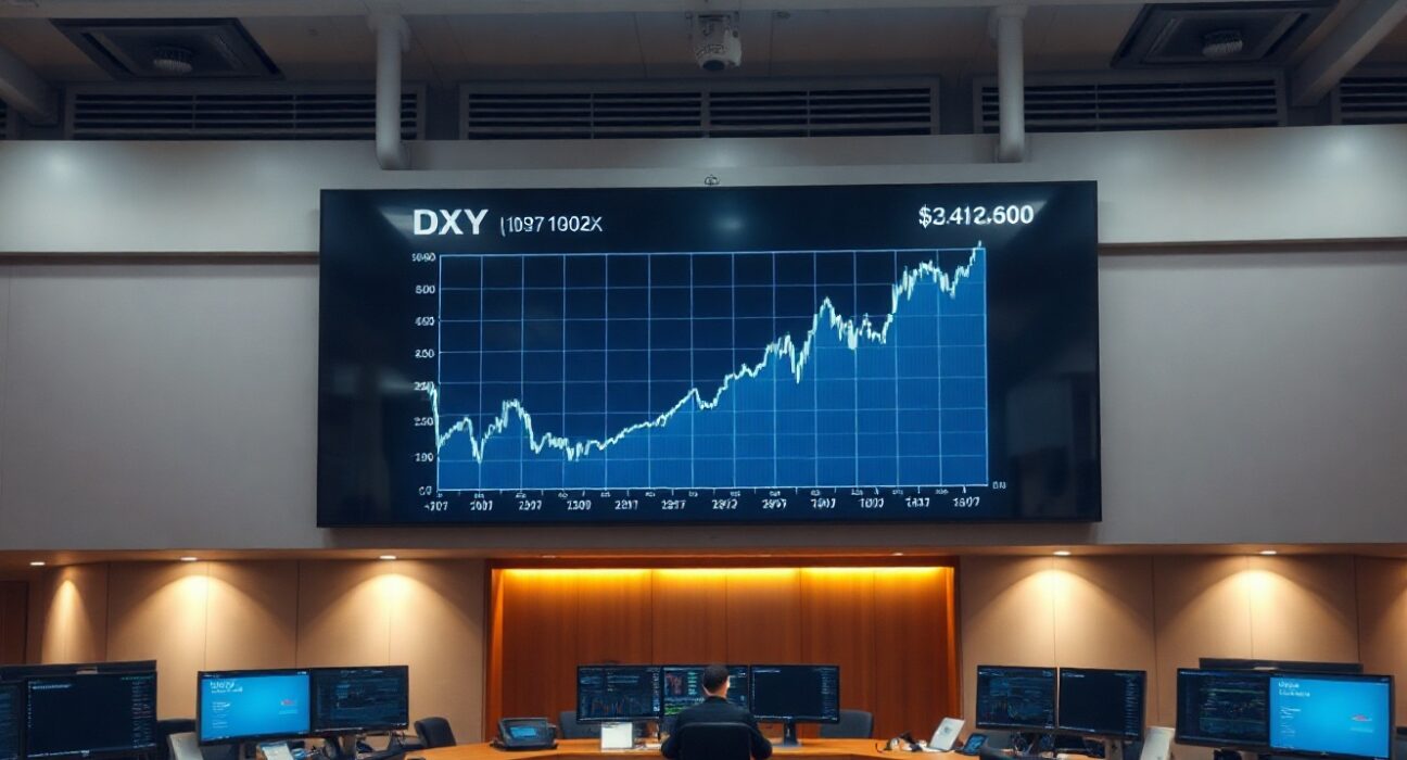 Digital display showing US Dollar Index chart with sideways trend on a trading floor