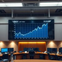 Digital display showing US Dollar Index chart with sideways trend on a trading floor