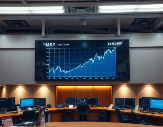 Digital display showing US Dollar Index chart with sideways trend on a trading floor