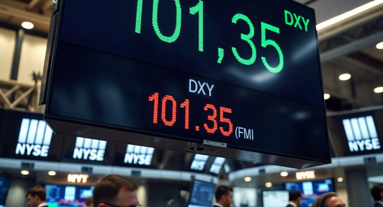 Financial board showing US Dollar Index at 101.35 on a trading floor