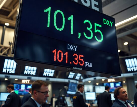 Financial board showing US Dollar Index at 101.35 on a trading floor