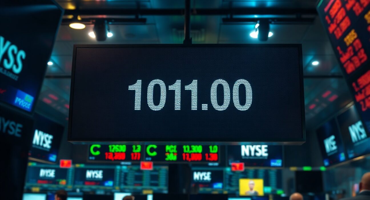 Digital display showing US Dollar Index at 101.00 on a trading floor