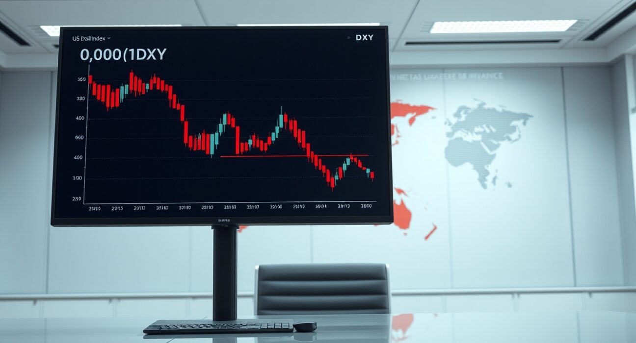 Financial news screen showing US Dollar Index chart declining near 101.00 level