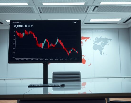 Financial news screen showing US Dollar Index chart declining near 101.00 level