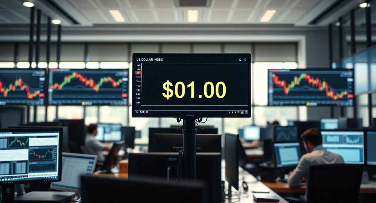 Financial trading desk monitors showing US Dollar Index at 101.00 with candlestick charts