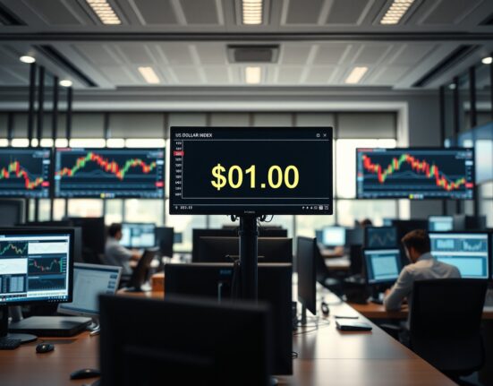 Financial trading desk monitors showing US Dollar Index at 101.00 with candlestick charts