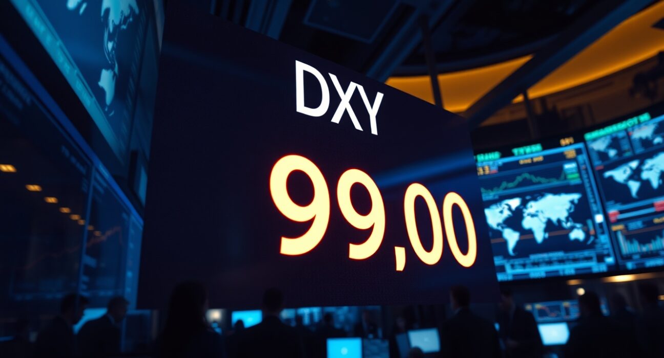 Digital US Dollar Index display showing value near 99.00 on a trading floor