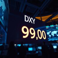 Digital US Dollar Index display showing value near 99.00 on a trading floor