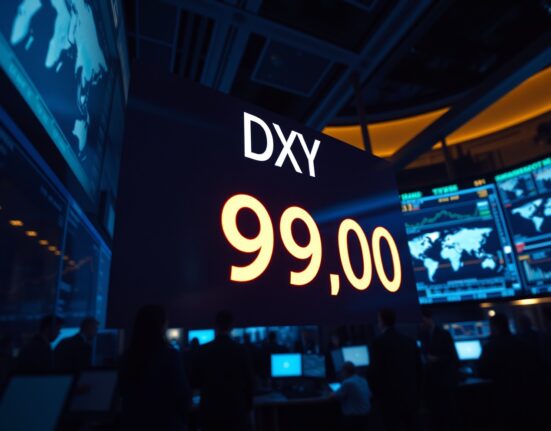 Digital US Dollar Index display showing value near 99.00 on a trading floor