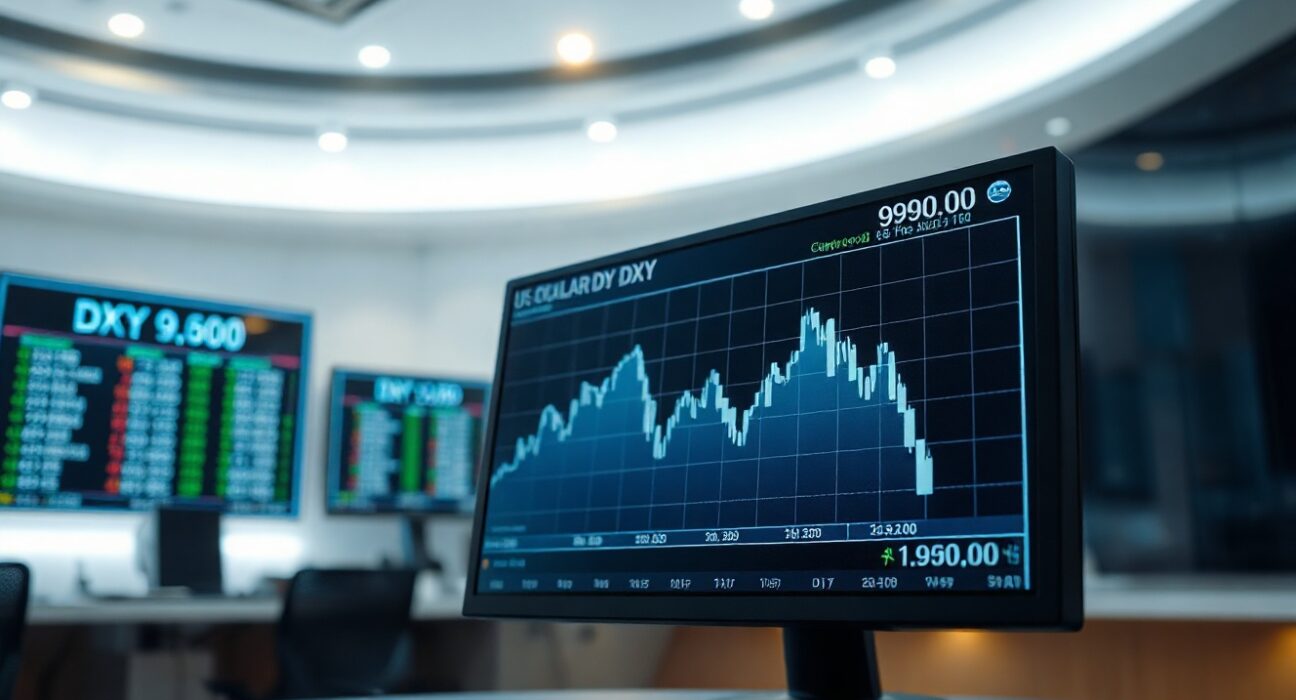US Dollar Index chart showing decline near 99.00 level on trading floor monitor