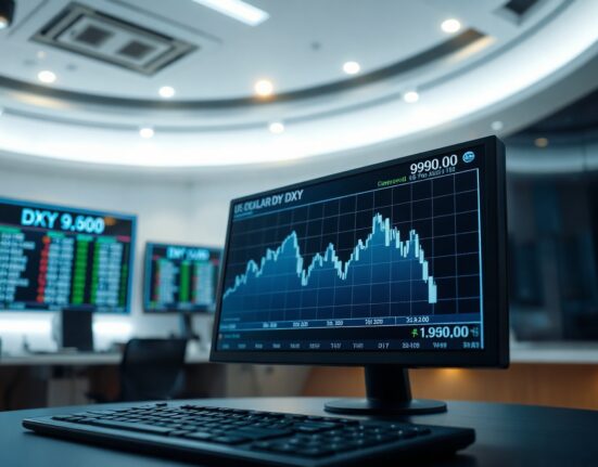 US Dollar Index chart showing decline near 99.00 level on trading floor monitor