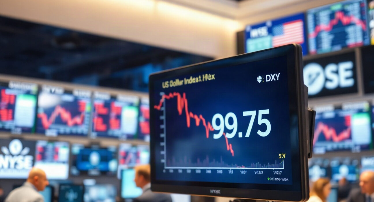 US Dollar Index chart showing decline near 99.75 on a trading screen
