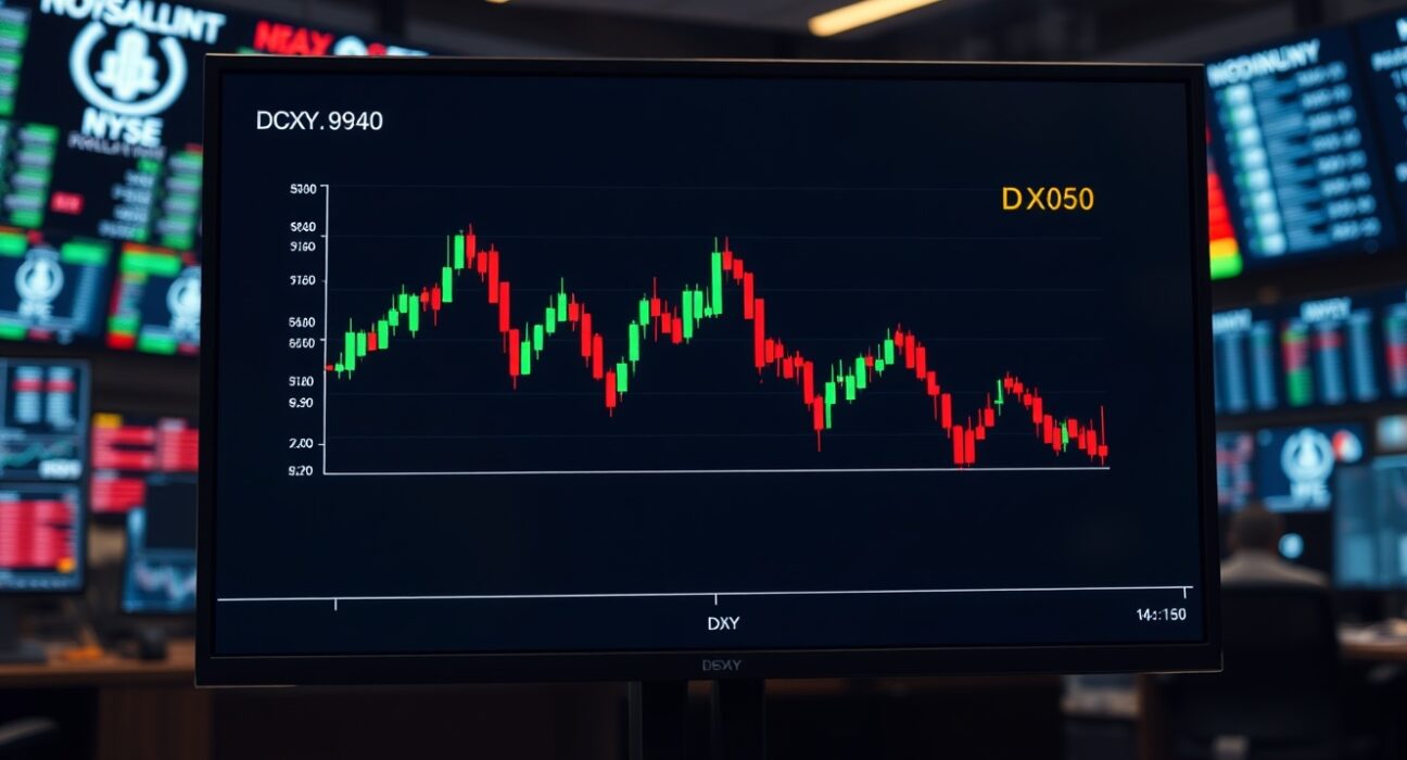 US Dollar Index chart showing DXY near 99.00 on a trading floor monitor
