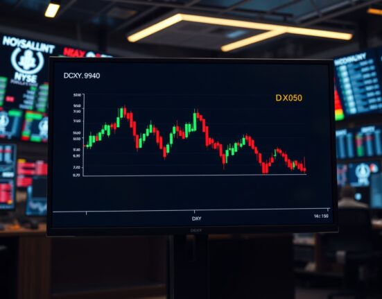 US Dollar Index chart showing DXY near 99.00 on a trading floor monitor