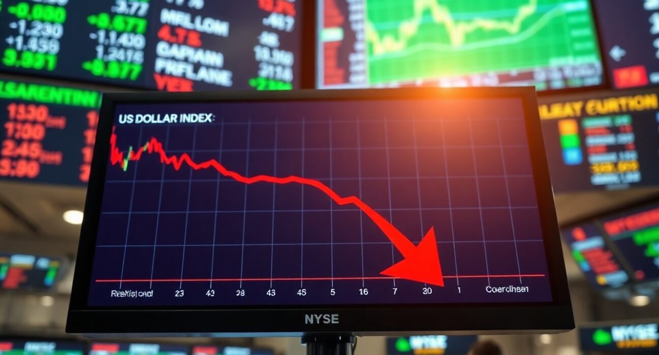 US Dollar Index chart showing negative bias on trading floor monitor
