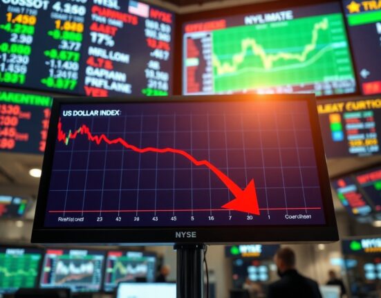 US Dollar Index chart showing negative bias on trading floor monitor