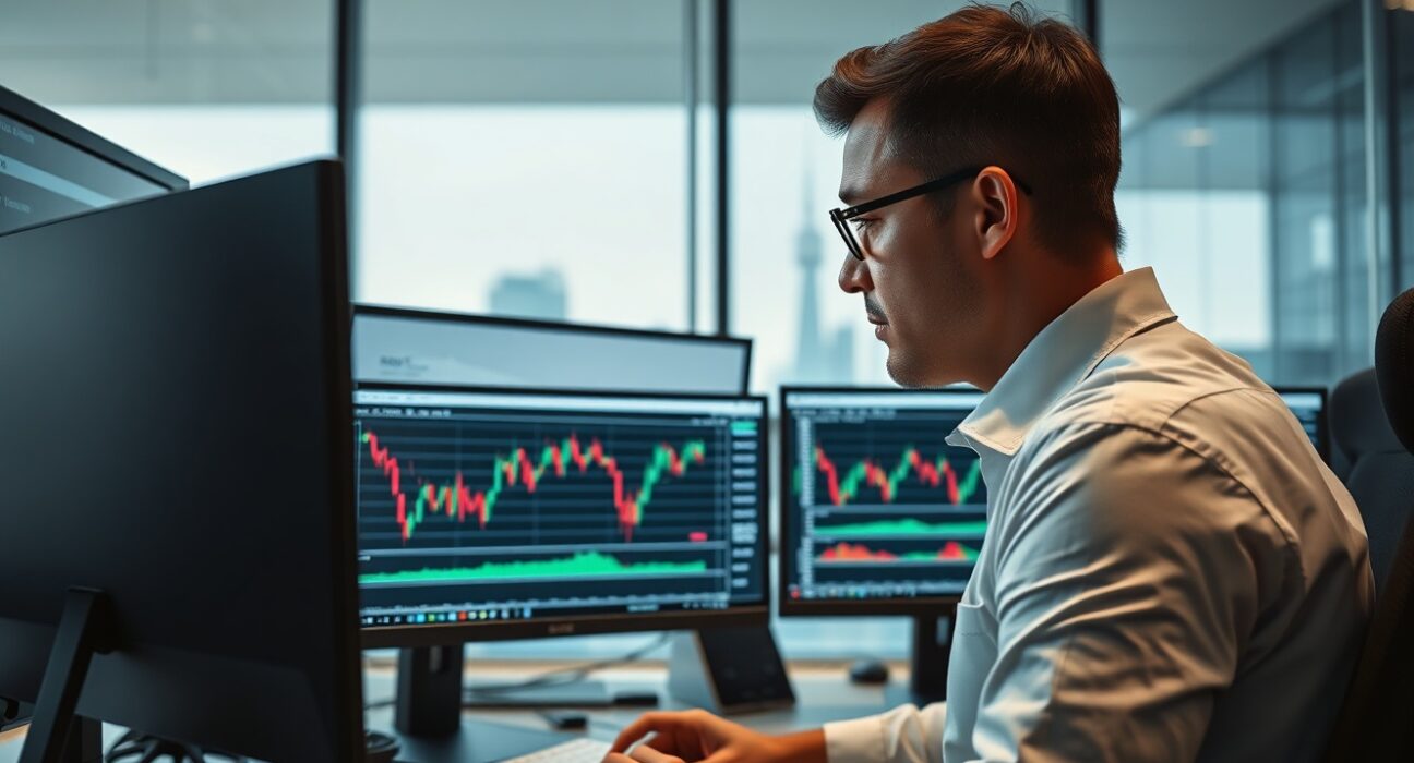 Financial analyst monitoring US Dollar Index chart and market data on multiple screens