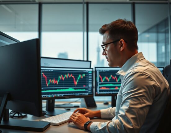 Financial analyst monitoring US Dollar Index chart and market data on multiple screens