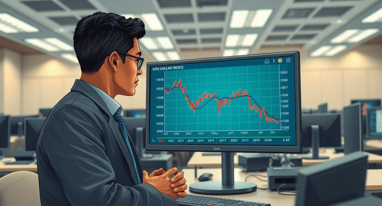 Trader analyzing the falling US Dollar Index chart ahead of PCE inflation data release.
