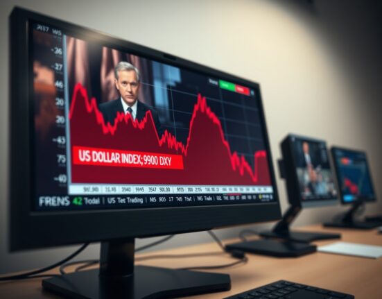 US Dollar Index chart showing a sharp decline below 99.00 amid geopolitical and economic news.