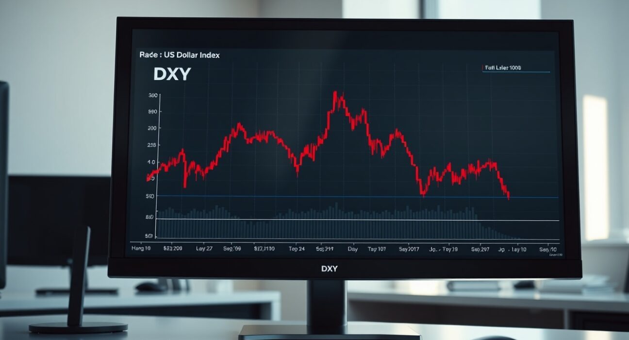 A trading desk monitor showing the US Dollar Index chart falling below the critical 100 level.