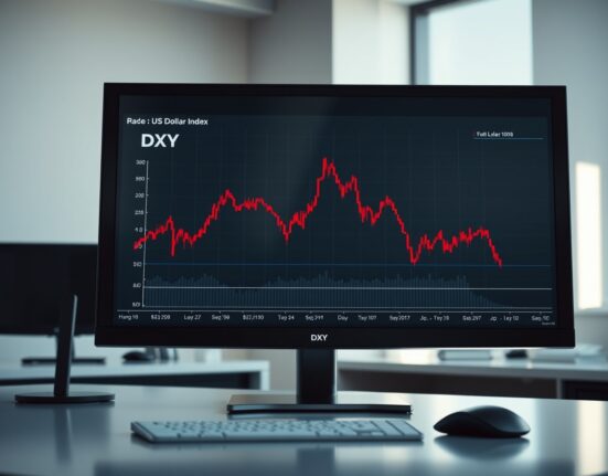 A trading desk monitor showing the US Dollar Index chart falling below the critical 100 level.