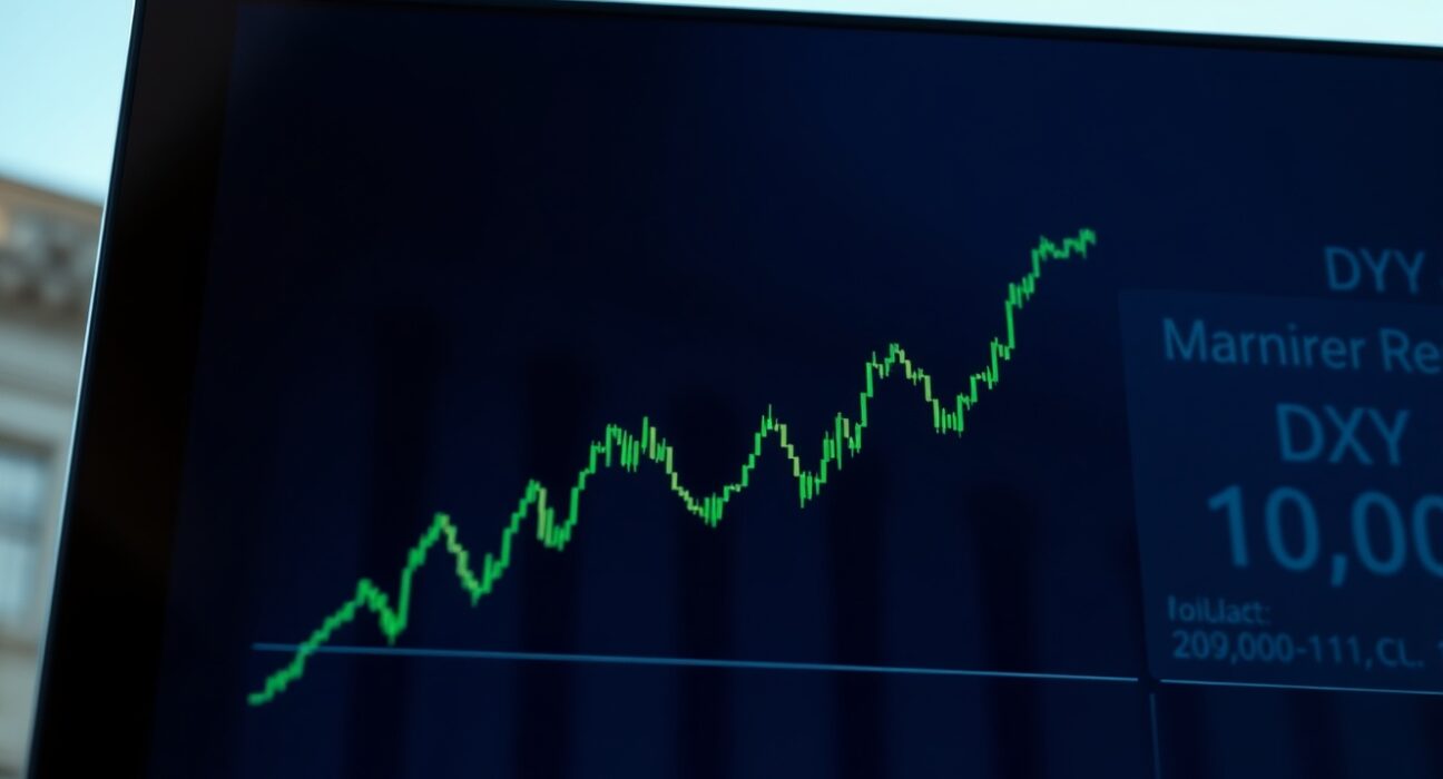 US Dollar Index chart near 100.00 with Federal Reserve building in background, illustrating key market tension.