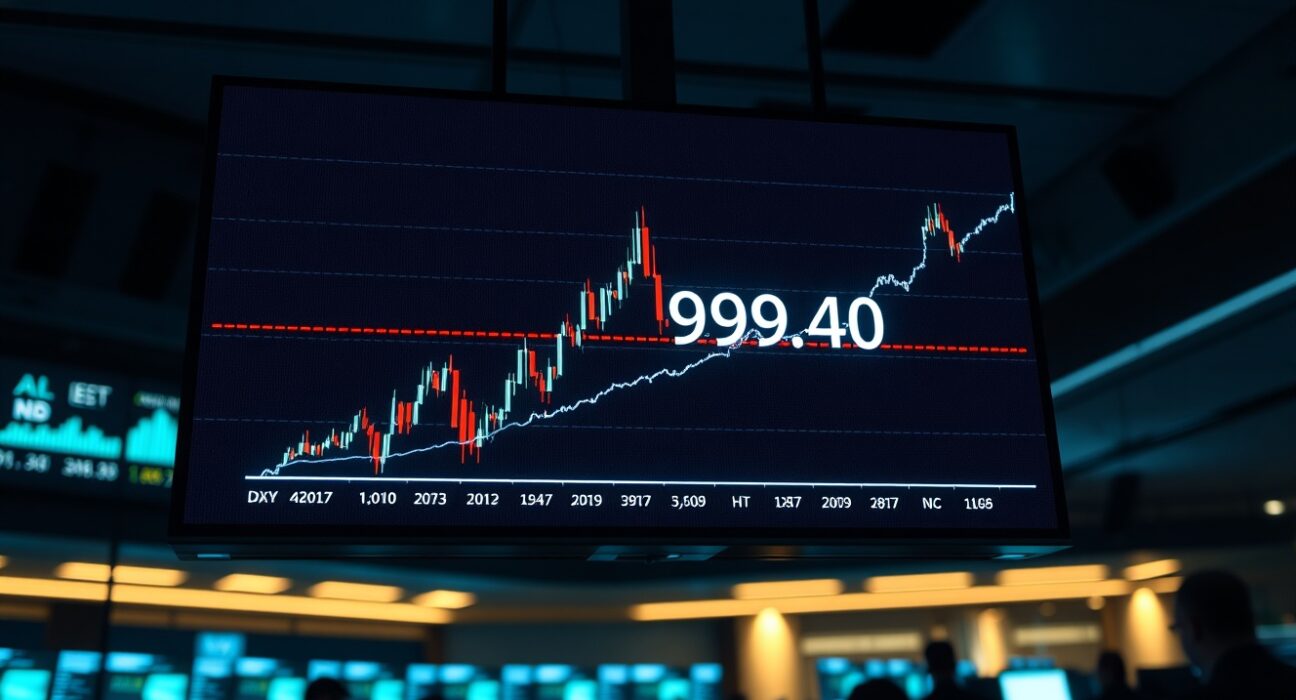 Trading floor with a large digital display showing a US Dollar Index candlestick chart near the 99.40 resistance level.
