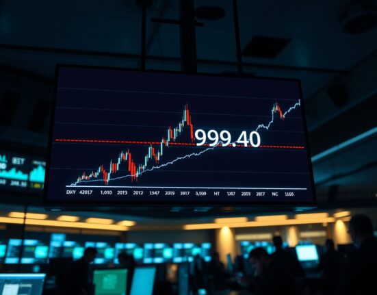 Trading floor with a large digital display showing a US Dollar Index candlestick chart near the 99.40 resistance level.