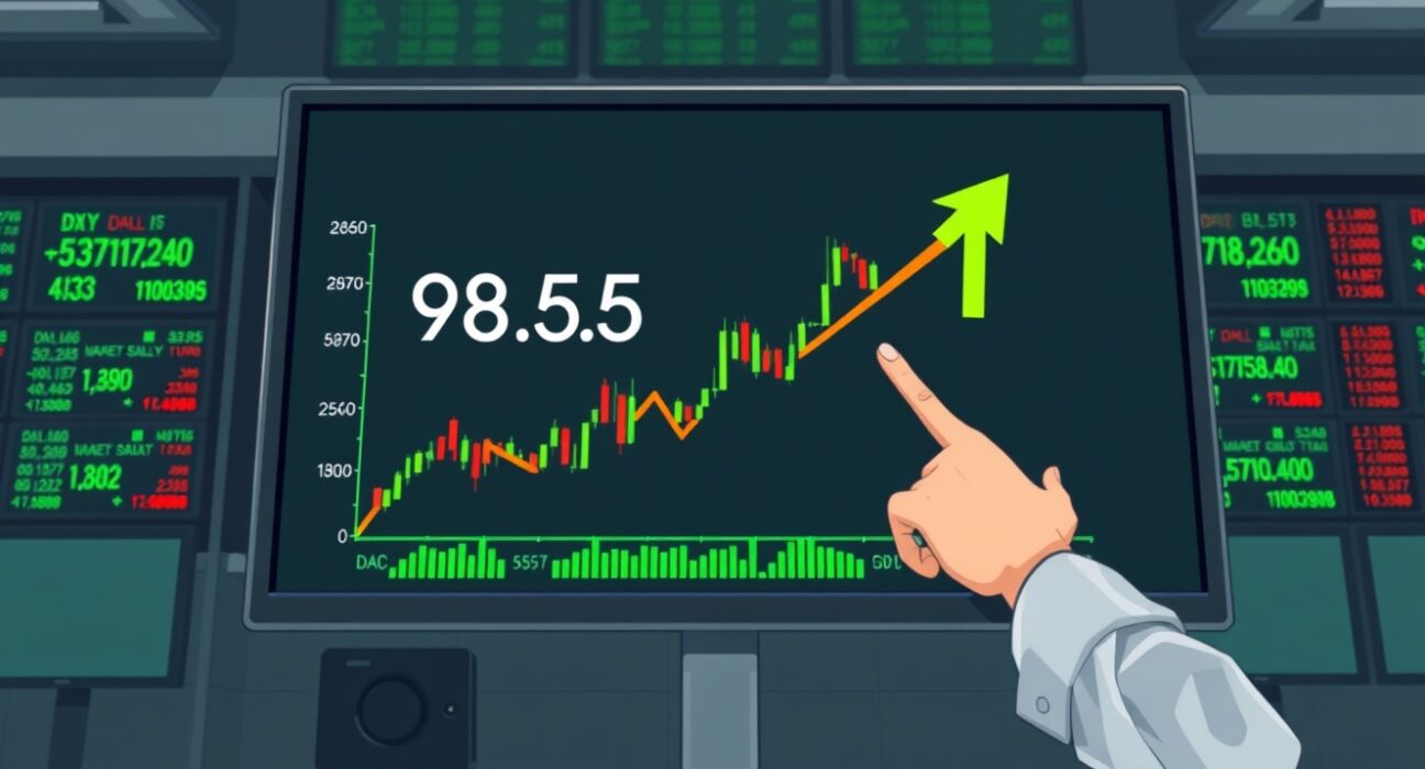 US Dollar Index price forecast chart showing a possible bullish reversal above the 98.50 support level on a trading floor display.