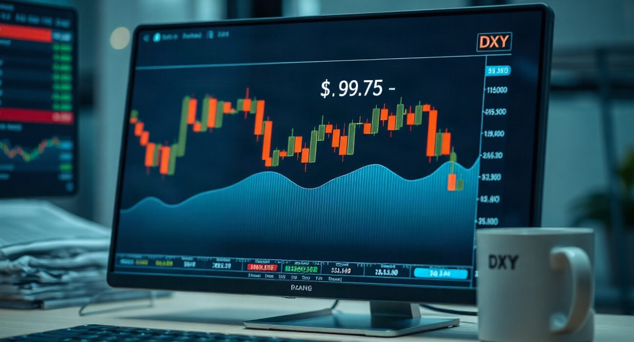 Trading screen showing US Dollar Index (DXY) chart with price around 99.75