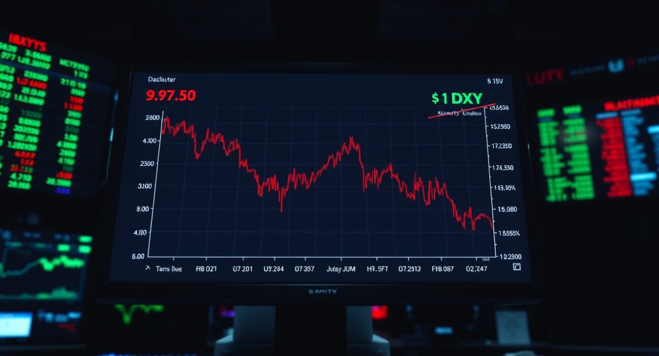Trading terminal showing US Dollar Index chart declining toward 97.50 level