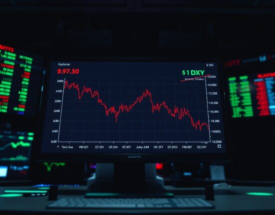 Trading terminal showing US Dollar Index chart declining toward 97.50 level