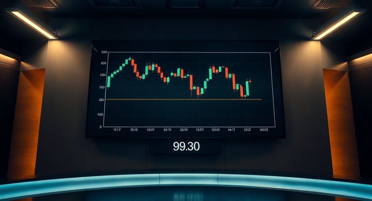 Digital screen displaying US Dollar Index chart with downward trend near 99.30 level in a modern trading room