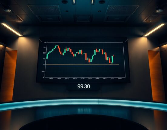 Digital screen displaying US Dollar Index chart with downward trend near 99.30 level in a modern trading room