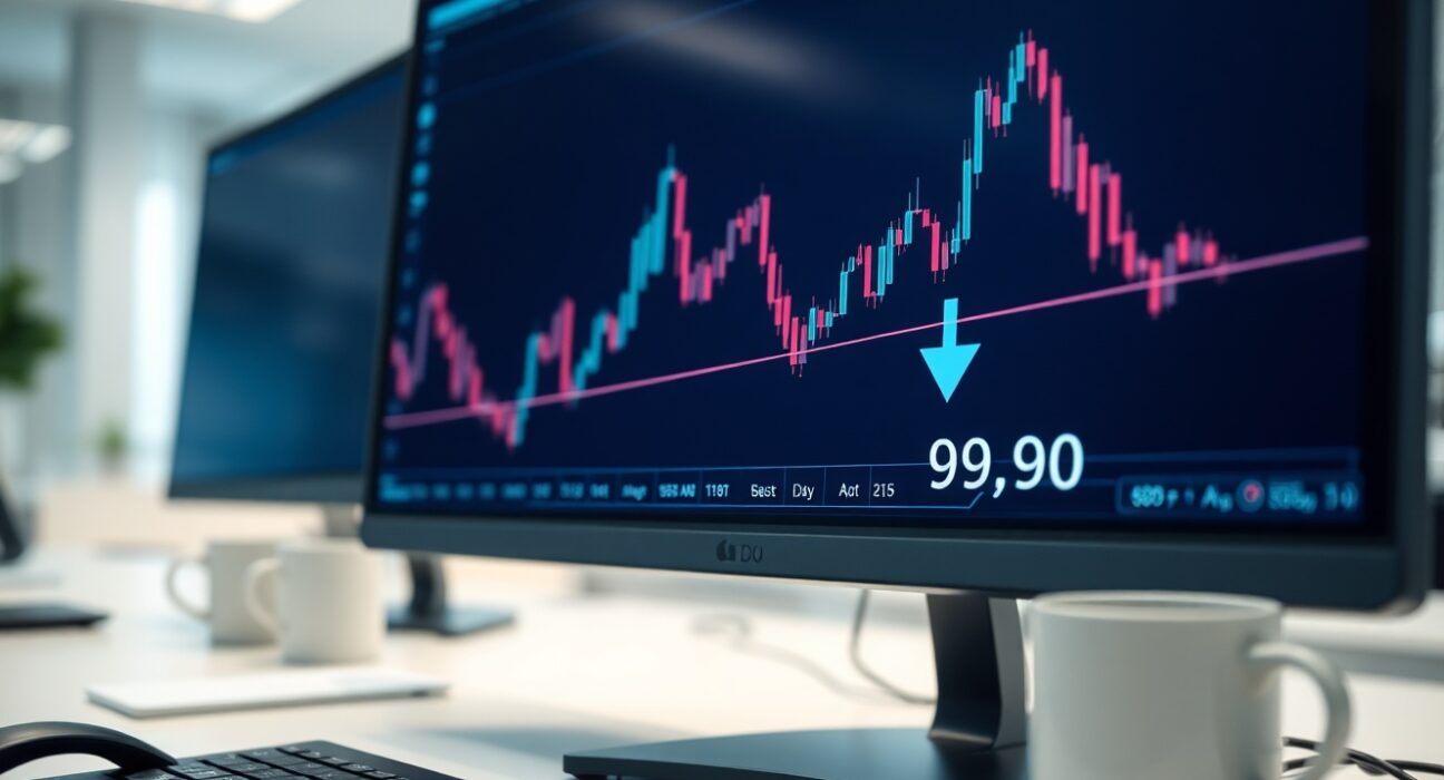 Trading screen showing US Dollar Index chart near 99.50 support level with bearish momentum.