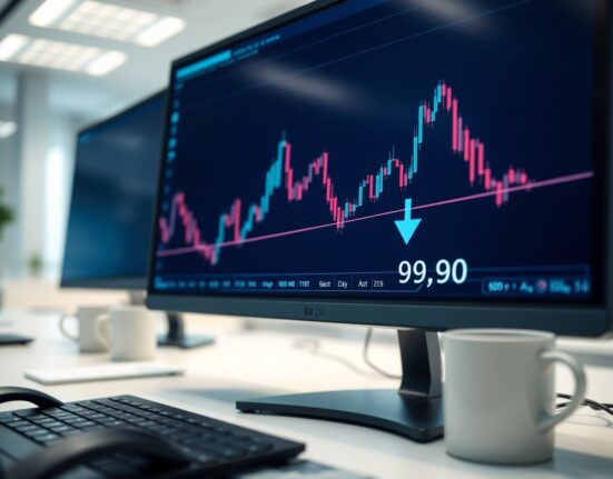 Trading screen showing US Dollar Index chart near 99.50 support level with bearish momentum.